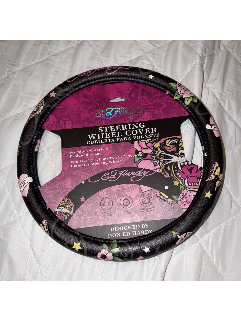 Ed Hardy blackFaux Leather Steering Wheel Cover flowers butterflies tiger  ~ NEW